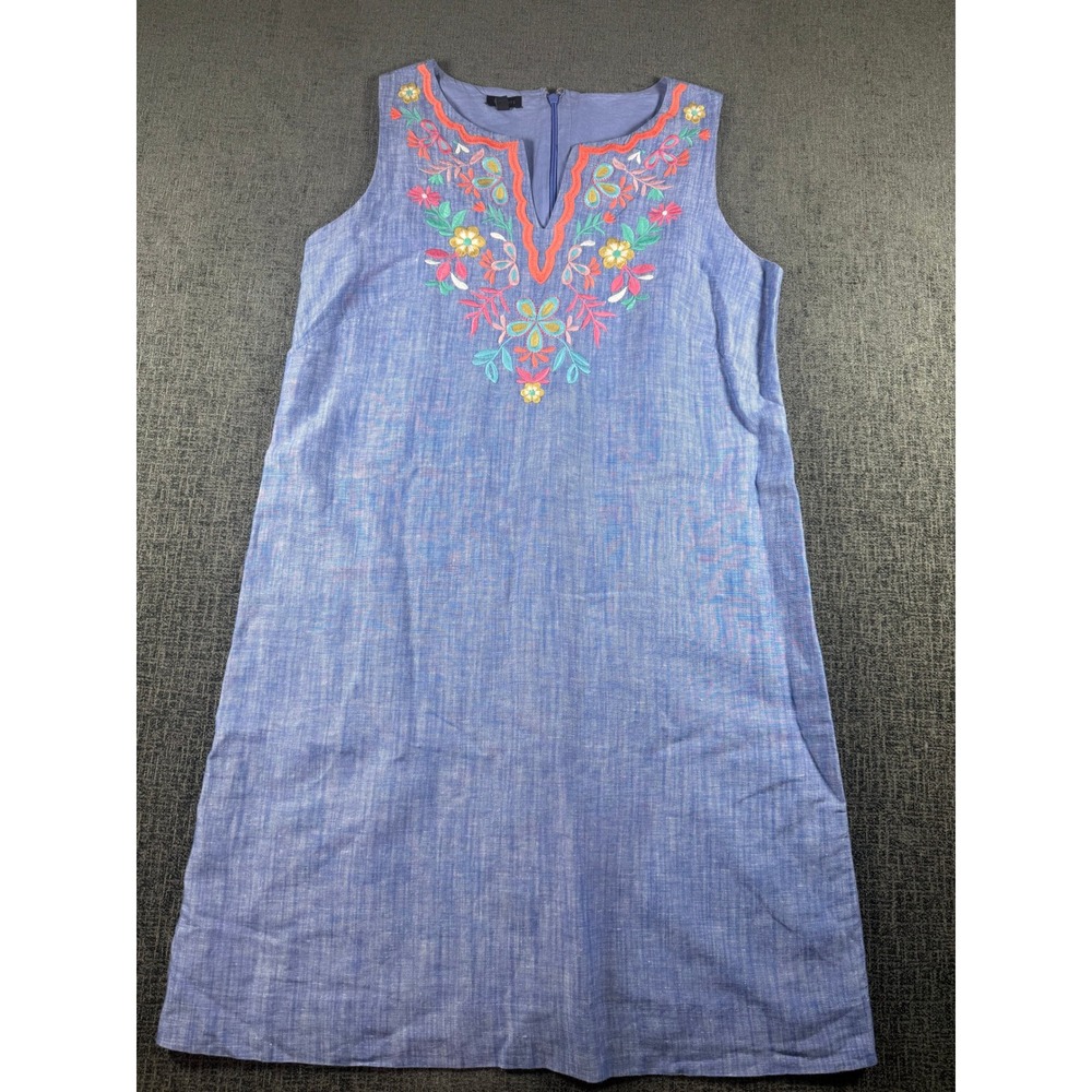Talbots Womens Blue Linen Embroidered Floral Sleeveless Shift Dress Size 8